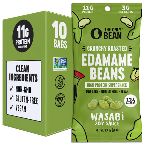 The Only Bean Crunchy Dry Roasted Edamame Snacks (Sea Salt) Healthy High Protein(11g) Keto Food Low Carb Gluten Office Vegan Food 100 Calorie Snack Pack 0.9oz 10 Pack