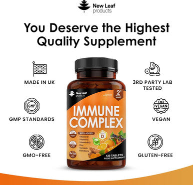 Vitamin D Tablets - Immune Booster Complex - Enriched With Immune System Vitamins C, D, B12, Zinc, Turmeric & Elderberry - Immune Support Made In The Uk Immunity Booster By Leaf 120 Tablets