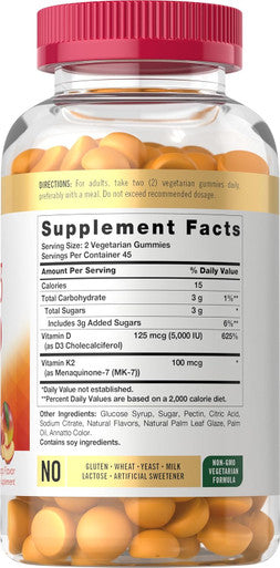 Carlyle Vitamin D3 K2 Gummies | 90 Count | 5000 IU of D3 + 100 mcg MK7 | Vegetarian Non-GMO and Gluten Vitamin Supplement