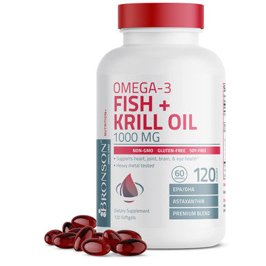 Bronson Omega-3 Fish + Krill Oil 1000 MG EPA Astaxanthin Premium Blend - Joint, Brain & Eye Health - Non GMO, Heavy Metal Tested, 120 Softgels