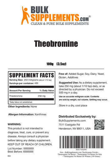 Bulksupplements.Com Theobromine Powder Theobromine Supplement Nootropic Supplement Brain and Energy Support Gluten Free 250Mg Per Servings 400 Servings 100G (3.5 Oz)