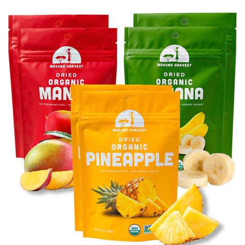 Mavuno Harvest Organic Dried Fruit Variety Pack | Dried Mango, Papaya, Pineapple, Banana, Jackfruit, & Tropical Mix | Healthy, Vegan, No Sugar Added, Non GMO Snacks for Kids & Adults | 2 Ounce, 6 Pack