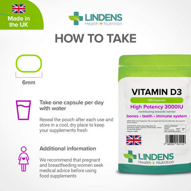 Lindens Vitamin D3 High-Potency 3000IU Capsules - 120 Pack - for Bones, Teeth, Immune System - 1500% NRV - UK Manufacturer, Letterbox Friendly