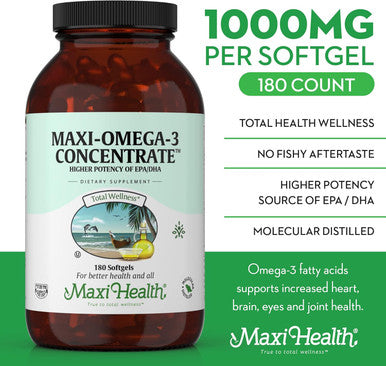 Maxi Health Omega 3 Supplement - Omega-3 Fish Oil Concentrate - Higher Potency Source of EPA/DHA Fatty Acids - Heart Brain & Joint Health - Kosher Wild Caught Marine Fish - 180 Vegetarian Softgels