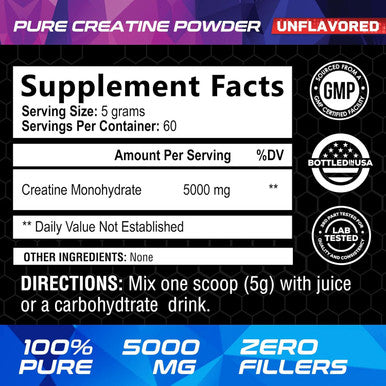 Nature'S Nutrition Micronized Creatine Monohydrate Powder - Unflavored Creatine Powder 5000mg Per Serv (5g) Amino Acid Supplement Supports Muscle Building & ATP Cellular Energy - Keto Friendly - 60 Servings