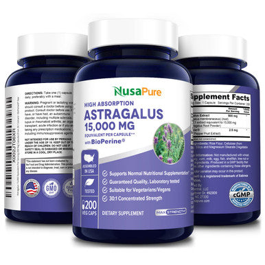 NusaPure Astragalus 15,000 mg Per Caps 200 Veggie Capsules (Vegetarian, Non-GMO & Gluten-Free) Max Strength