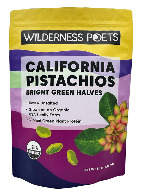 Wilderness Poets Organic Pistachios Bright Green Pistachio Nut Halves No Salt Grown in California (5 Pound)