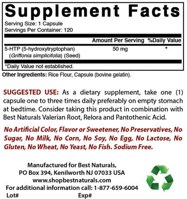 Best Naturals 5-HTP 50 mg 120 Capsules 5 HTP Capsules Supports Relaxation & restful Sleep (360 Count(Pack of 3))