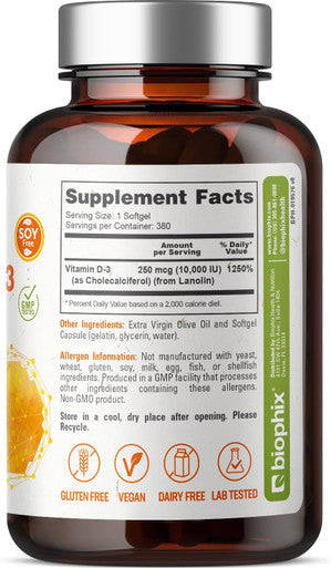 Biophix Vitamin D-3 10000 Iu 380 Softgels - High-Potency In Extra Virgin Olive Oil Non-Gmo Soy- Supports Strong Bones Immune Health
