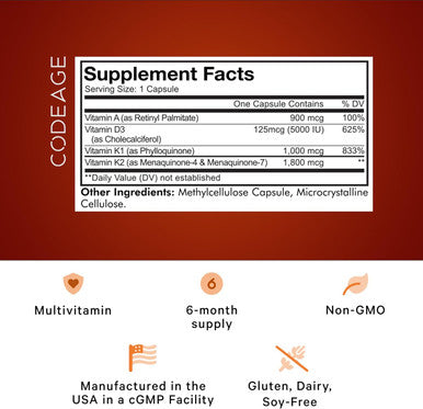 Codeage ADK Vitamis Supplement - Essential Vitamin A Vitamin D3 5000 IU Vitamin K1 & K2 (MK4 & MK7) - 6-Month Supply - A D K Vitamins 1 Capsule per Serving Non-GMO Gluten- - 180 Capsules