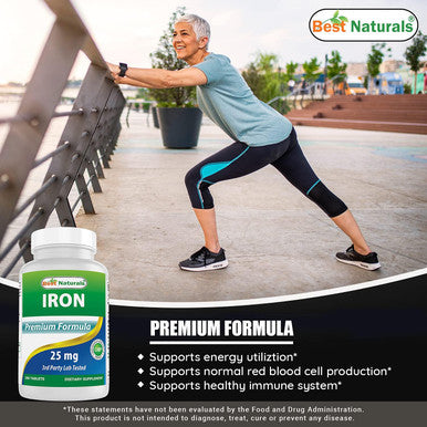 Best Naturals Iron Supplement (Iron Bisglycinate) - 25mg - 180 Tablets - Gentle of Stomach - Non-Constipating
