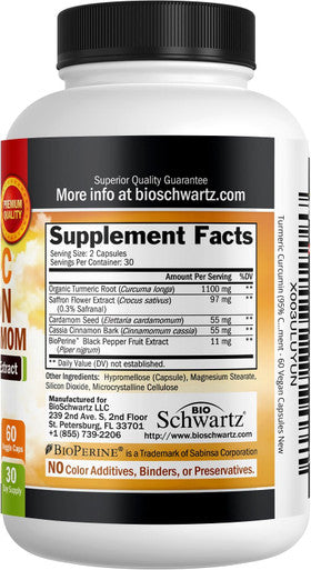 Turmeric Supplement With Saffron, Cinnamon And Cardamom Plus Bioperine Black Pepper Extract For Optimal Absorption, Natural Tumeric Curcumin Joint Support Supplement For Women And Men, 60 Capsules