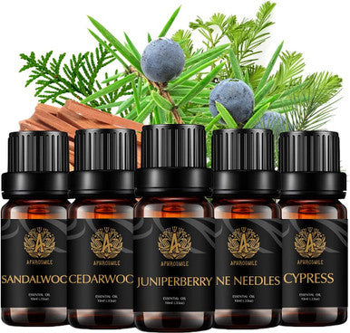 Aromatherapy Woody Essential Oil Set for Diffuser, 100% Pure Sandalwood Essential Oil, 5x10ml Therapeutic Grade Cedar Oil Set for Diffuser -Juniper Berry, Pine Needles, Cypress, Sandalwood, Cedar Oil