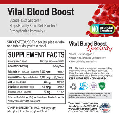 Vital Blood Boost - Dietary Supplement For White And Red Blood Cell Support - Iron With Selenium, Zinc, Vitamin B12 & Folic Acid - 90 Tablets, 90 Day Supply