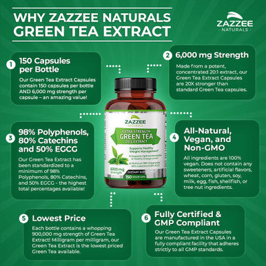 Zazzee Extra Strength Green Tea 20:1 Extract, 6000 Mg Strength, 50% Egcg, 98% Polyphenols And 80% Catcehins, 150 Vegan Capsules
