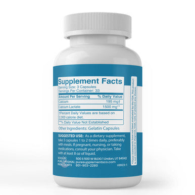 PURE ORIGINAL INGREDIENTS Calcium Lactate, (100 Capsules) Always Pure, No Additives Or Fillers, Lab Verified