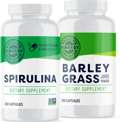 Vimergy Barley Grass Juice Powder Capsules 30 Servings And Natural Spirulina Powder Capsules 30 Servings - Bundle