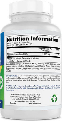Best Naturals Acetyl L-Carnitine 1000mg Capsule 60 Count