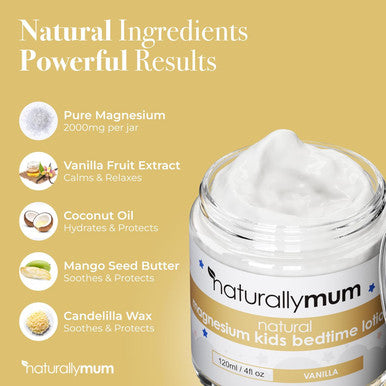 Naturallymum NaturallyMum Kids Magnesium Bedtime Lotion | Support for Sleep Heart Bone Nerve Gut and Muscle Health | Alternative to Melatonin | Topical Cream Safe for Kids | Vanilla | 4.2 fl oz