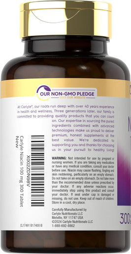 Carlyle Niacin 100mg | 300 Vegetarian Tablets | Non-GMO Gluten | High Potency Formula