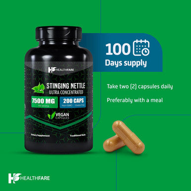 Healthfare Stinging Nettle Leaf Extract 7500Mg | 200 Caps | Non-Gmo | Gluten-Free | Naturally Supports Allergy, Joint & Prostate Health | Urtica Dioica Supplement