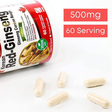 Nutridom Korean Red Panax Ginseng 500mg | 60 Vegan capsules | High Strength 8% Ginsenosides | Boosts Energy, Mood, Focused Strength, Enhanced Stamina Performance | Non-GMO, Made In Canada