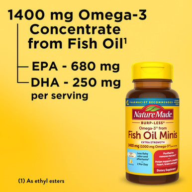 Nature Made Extra Strength Burp Less Omega 3 Fish Oil 1400 Mg Minis Fish Oil Supplements As Ethyl Esters For Healthy Heart Brain And Eyes Support 60 Softgels 30 Day Supply