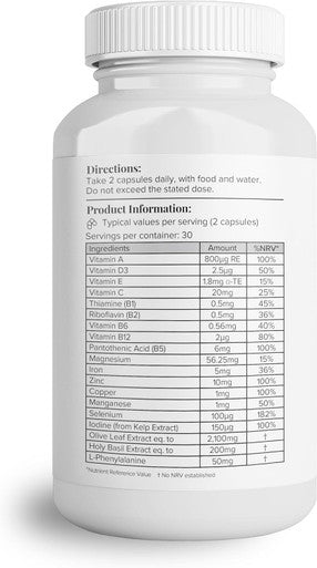 Hey Nutrition Thyroid Complex Supplement - Copper Iron Zinc Selenium Vitamin B Blend - Advanced Thyroid Function - 60 Capsules/30 Servings - Non-GMO Vegan