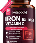 Iron Supplement For Women Men, High Potency Iron 65Mg With Vitamin C 250Mg, Slow Release Stomach Friendly Iron Pills For Red Blood Cell & Immune Support, Non-Gmo, Gluten Free, 60 Vegan Tabs