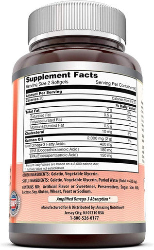 Amazing Nutrition Omega Wild Alaskan Salmon Oil 2000mg Per Serving Softgels Supplement (180 | 2 Pack)