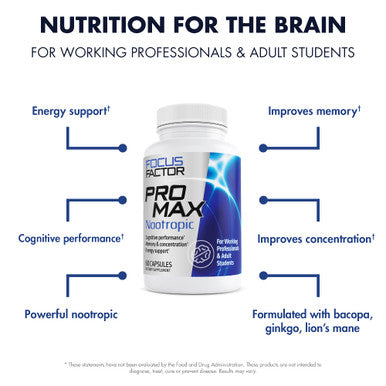 Focus Factor PRO MAX Nootropic, 60ct ÃƒÂ¢Ã¢â€šÂ¬Ã¢â‚¬Å“ Brain Supplement for Memory, Concentration, Focus & Energy ÃƒÂ¢Ã¢â€šÂ¬Ã¢â‚¬Å“ Ginkgo Biloba, Lions Mane, Bacopa Monnieri Capsules, for Brain Health & Cognitive Support, White