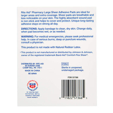 Rite Aid Sheer Adhesive Bandages with Non Stick Pad, 3" x 4" - 20 Count | Wound Care Supplies | Bandage Wrap | First Aid Supplies | Medical Tape for Skin Bandages | Bandage Wrap