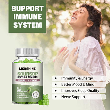 lickshine Soursop Graviola Gummies - 3000Mg Extra Strength Soursop Leaves Supplement With Vitamin C, Zinc - Digestive Aid, Immune Support & Antioxidant - Sugar-Free, Non-Gmo, Vegan, 60 Counts