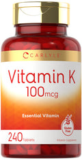 Carlyle Vitamin K 100 Mcg | 240 Tablets | Vegetarian, Non-Gmo, Gluten Free | Vitamin K Supplement