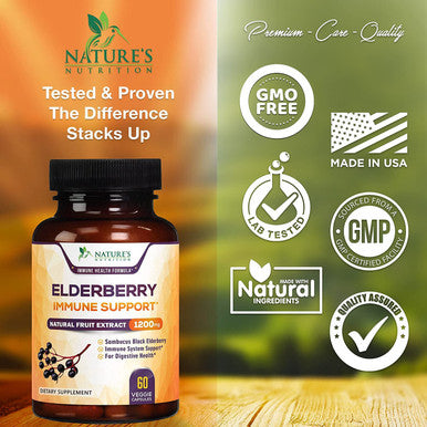 Sambucus Black Elderberry Immune Support - 100% Black Elderberry Fruit Extract - Non-GMO, Gluten Free, Natural Vegan, Sambucus Extract, Antioxidant, Nature's Non-GMO Supplement - 60 Capsules