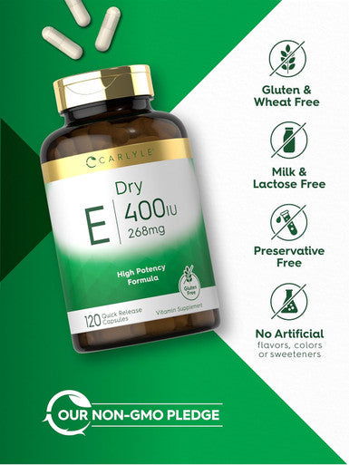 Carlyle Dry Vitamin E | 400 IU (268mg) | 120 Capsules | High Potency Formula | Non-GMO and Gluten