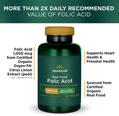 Swanson Real Food Folic Acid Folate Vitamin B-9 Cardiovascular Prenatal Health from Citrus Limon Extract Vegan Gluten- Non-GMO B9 1000 mcg 100 Veggie Capsules