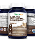 NusaPure Maca Root Black, Red, Yellow 20,000 mg - 180 Vegan Capsules (Vegan,Non-GMO & ) with Bioperine