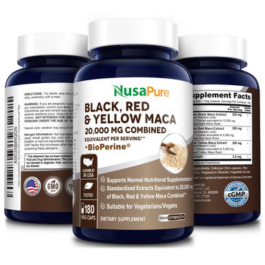NusaPure Maca Root Black, Red, Yellow 20,000 mg - 180 Vegan Capsules (Vegan,Non-GMO & ) with Bioperine