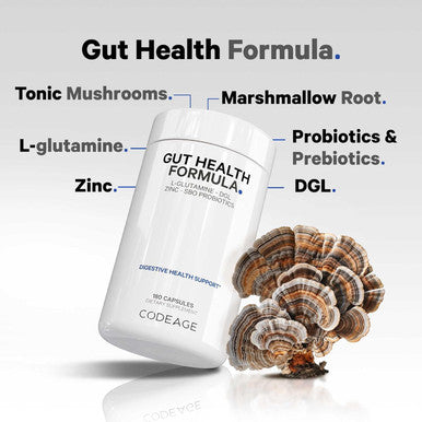 Codeage Gut Health Supplements Vegan Formula - L Glutamine Zinc Turkey Tail Mushroom Powder Tonic Mushroom Maitake Micro Algae Mineral Licorice Root DGL - Probiotics Prebiotics - 180 Capsules