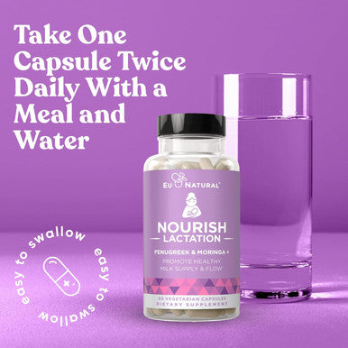 Eu Natural Nourish Lactation Supplement - Postpartum Support for Healthy Milk Flow & Production - Fenugreek Capsules for Women with Goat's Rue Milk Thistle Fennel Seed & Organic Moringa 60 Vegan Soft Capsules