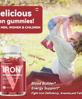 Vegan Iron Gummies Supplement - With Vitamin C, A, B-Complex, Folate, Zinc For Adults & Kids - Blood Builder & Energy Support For Iron Deficiency, Anemia, No After Taste - Peach Flavor (90 Ct)