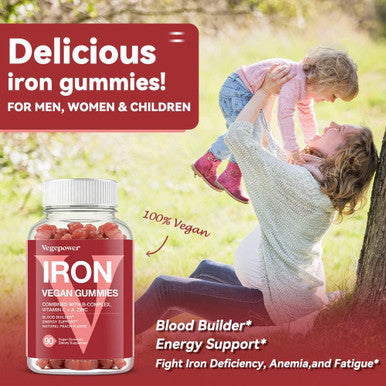 Vegan Iron Gummies Supplement - With Vitamin C, A, B-Complex, Folate, Zinc For Adults & Kids - Blood Builder & Energy Support For Iron Deficiency, Anemia, No After Taste - Peach Flavor (90 Ct)