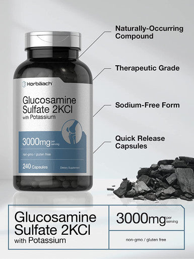 Glucosamine Sulfate 2KCI with Potassium | 3000mg | 240 Capsules | Non-GMO and Gluten Free Supplement | by Horbaach