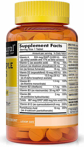 Mason Natural Daily Multiple Vitamins with Iron, Vitamins A, C, D, E, B1, B2, B3, B6, B12, Folate and Calcium for Overall Health, 100 Tablets