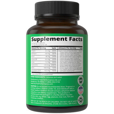 Peak Performance Raw Whole Food Vegan B Complex Supplement