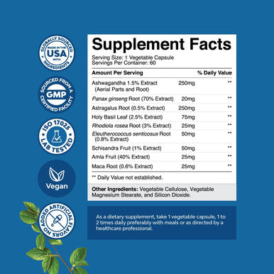 Natures Craft Herbal Adaptogen Mood Support Supplement - Calming Adaptogens Supplement for Stress & Cortisol Management with Ashwagandha Rhodiola Rosea & Maca Root - Vegan Non GMO & Daytime Friendly - 60ct