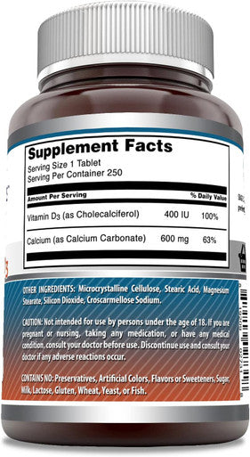 Amazing Nutrition Formulas Calcium with Vitamin D3 Supplement | 250 Tablets | Non-GMO | Gluten | Made in USA
