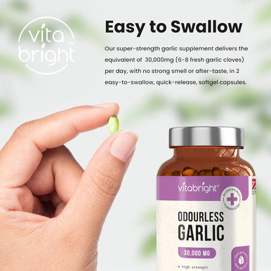 Vitabright Odourless Garlic Capsules High Strength 30000mg 180 Garlic Oil Capsules (Daily Dose 2 Garlic Tablets for Adults) VitaBright Garlic Supplement High Allicin Pearls - Odorless Garlic Capsules