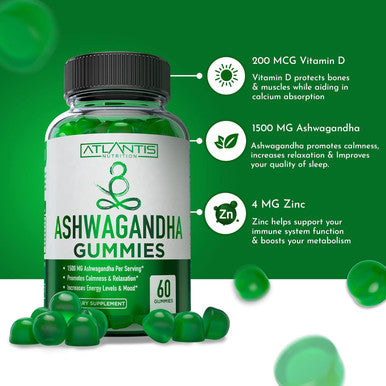 Atlantis Nutrition Ashwagandha Gummies - 1500 Mg Per Serving - Promotes Calmness, Improves Mood, Boosts Energy Levels & Strengthens Immune System - Formulated With Vitamin D & Zinc - Vegan Ashwagandha Gummies 60 Count